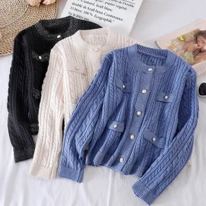 2020 Autumn Women Twist Knitted Cardigan Pearl Buttons O Neck Solid Color Single Breasted Knitted Sweater Knitwear