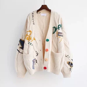 2023 Autumn Women's Sweater Warm Knitted Sweater Jacket Loose Pocket Embroidery Fashion Knit Cardigan Jacket Ladies Chic Coat