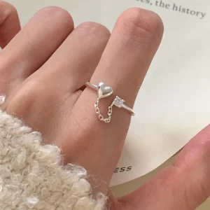 925 Sterling Silver Geometric Irregular Heart Chain Rings for Women Bohemian Retro Adjustable Antique Personality Ring