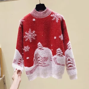Red Christmas Snowflake Pullover Sweater Women Winter New Thicken Casual Soft Loose Round Neck Long Sleeves Knitted Top Outwear